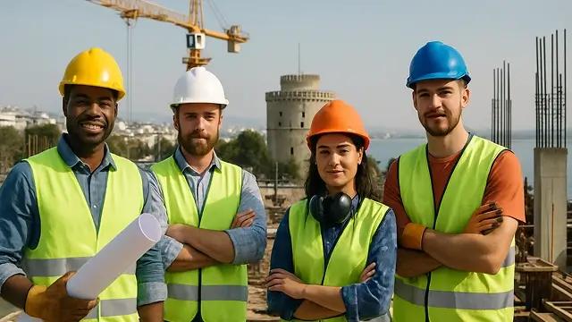 Εργάτες και τεχνικοί σε εργοτάξιο στη Θεσσαλονίκη, με φόντο τον Λευκό Πύργο